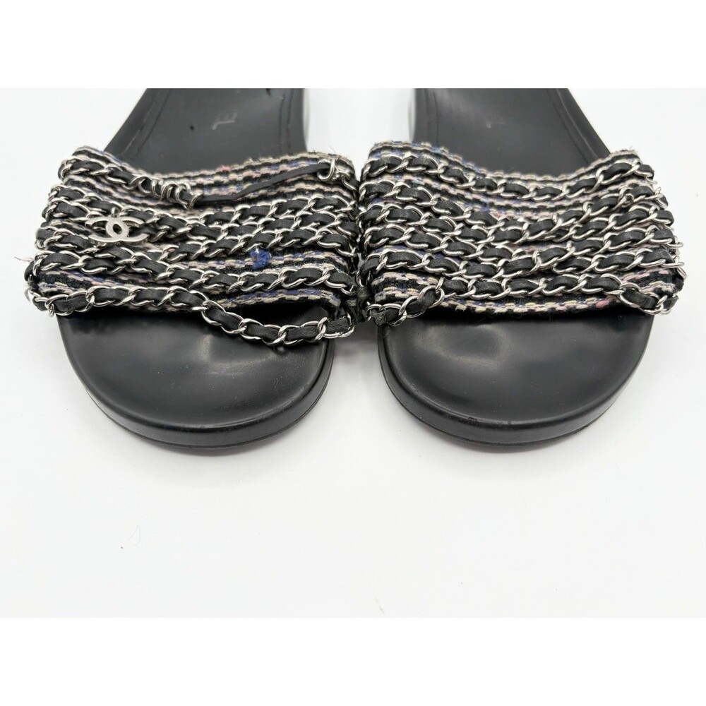 Chanel Black Tweed Tropiconic Chain Flat Slides Sandals Pink & Blue Accent EU 38 - Picture 5 of 11